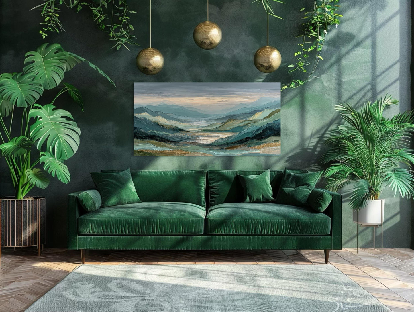 Green, Grey, and Gold Mountain Landscape Wall Art