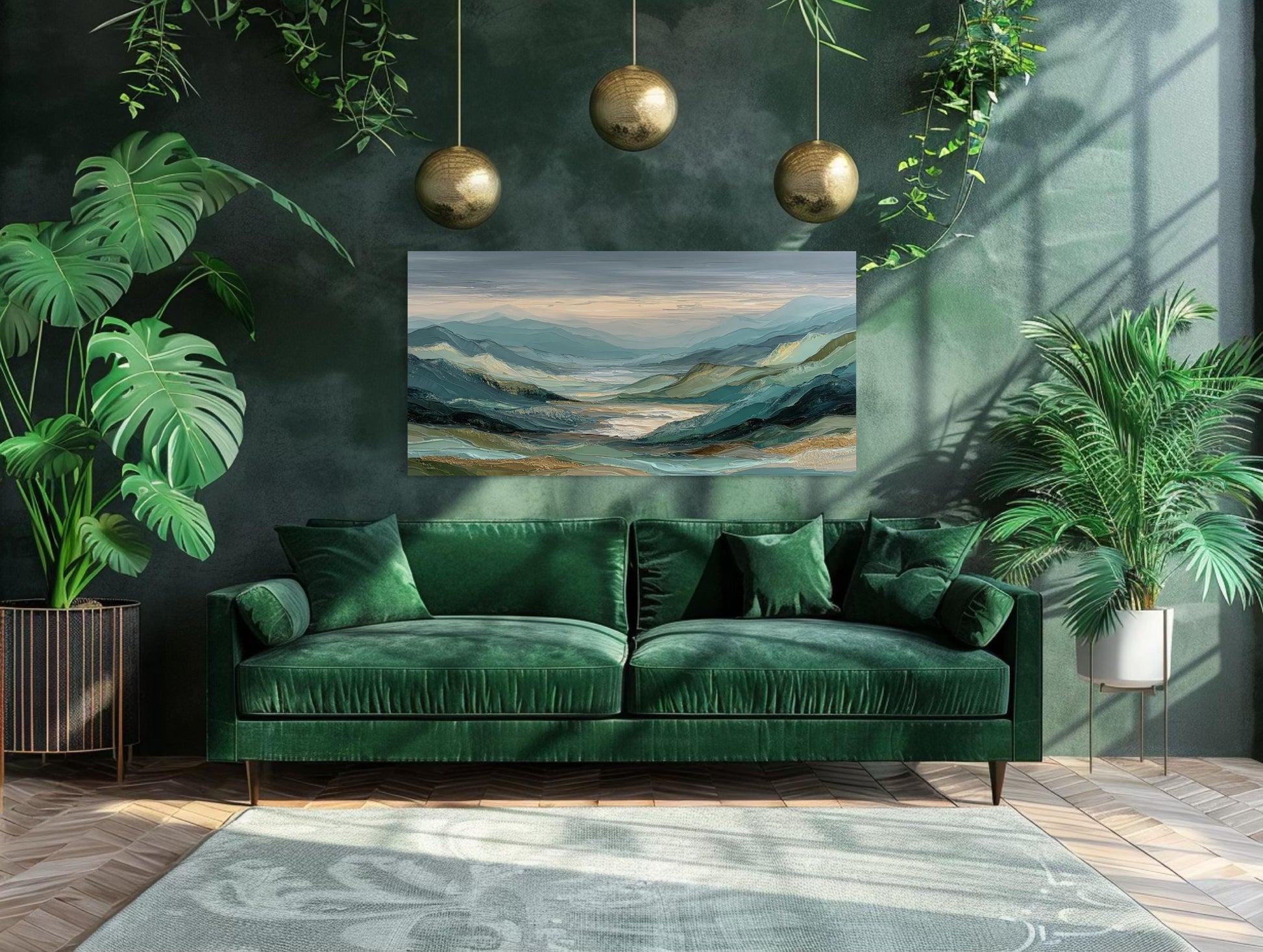 Green, Grey, and Gold Mountain Landscape Wall Art