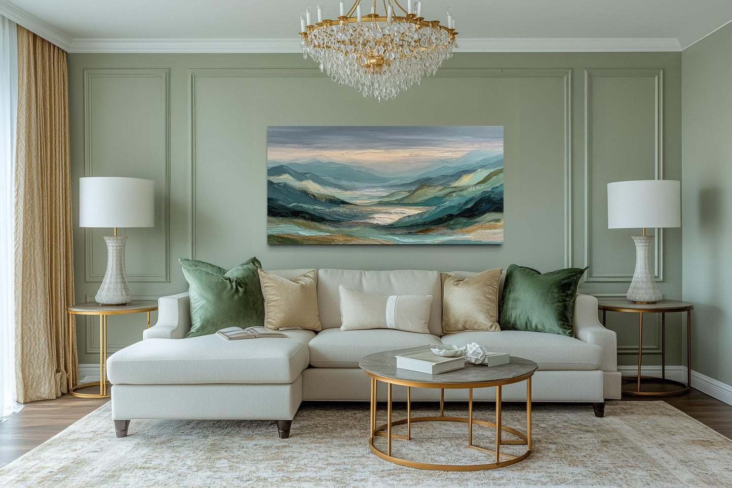 Green, Grey, and Gold Mountain Landscape Wall Art