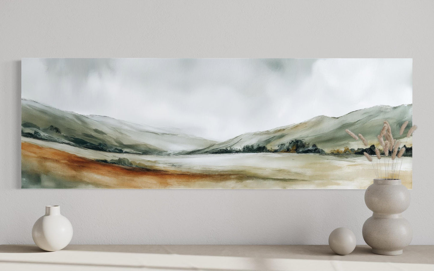 Green Landscape Wall Art – Calm Nature Panorama Canvas Print | Minimalist Sage Decor