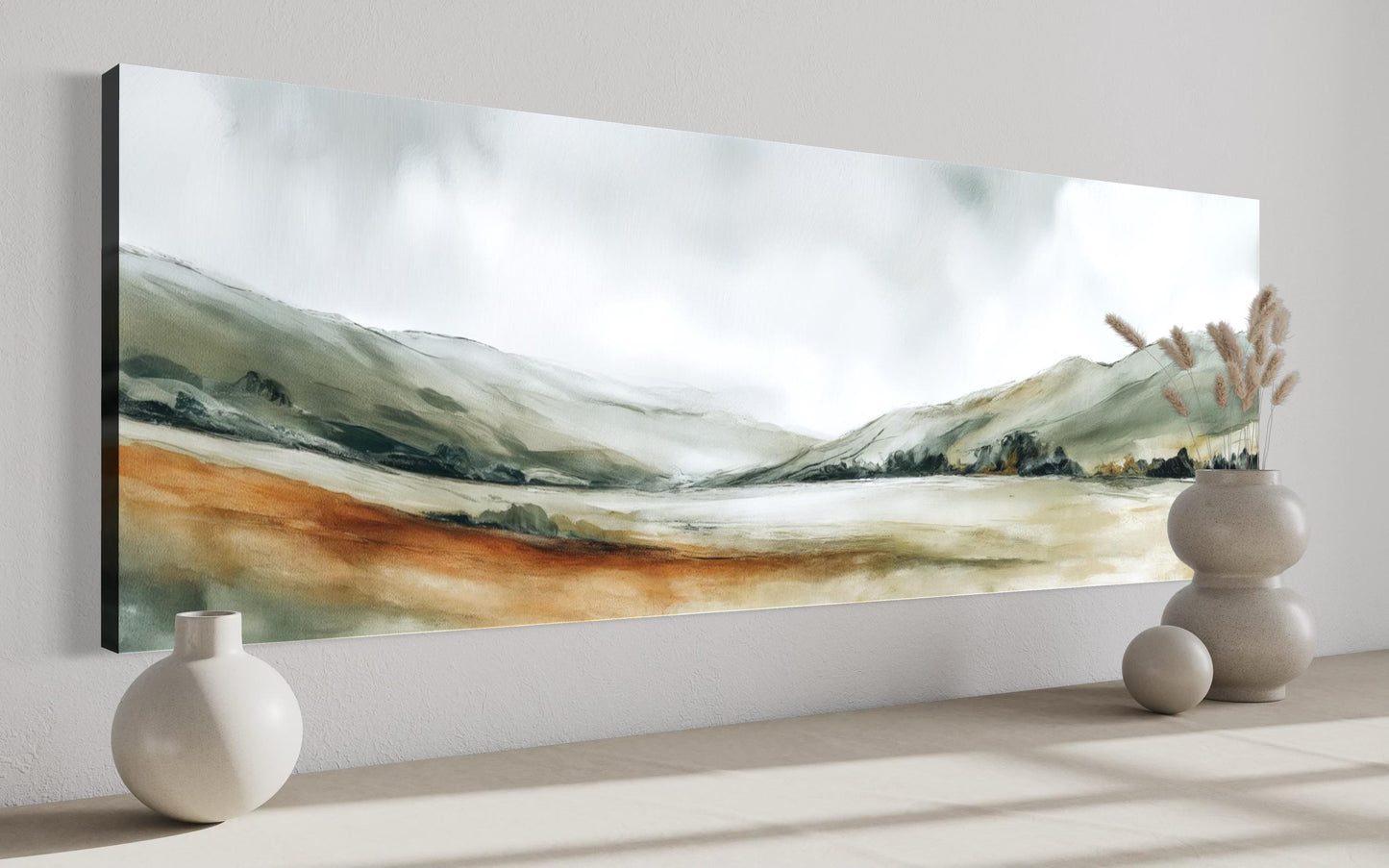 Green Landscape Wall Art – Calm Nature Panorama Canvas Print | Minimalist Sage Decor