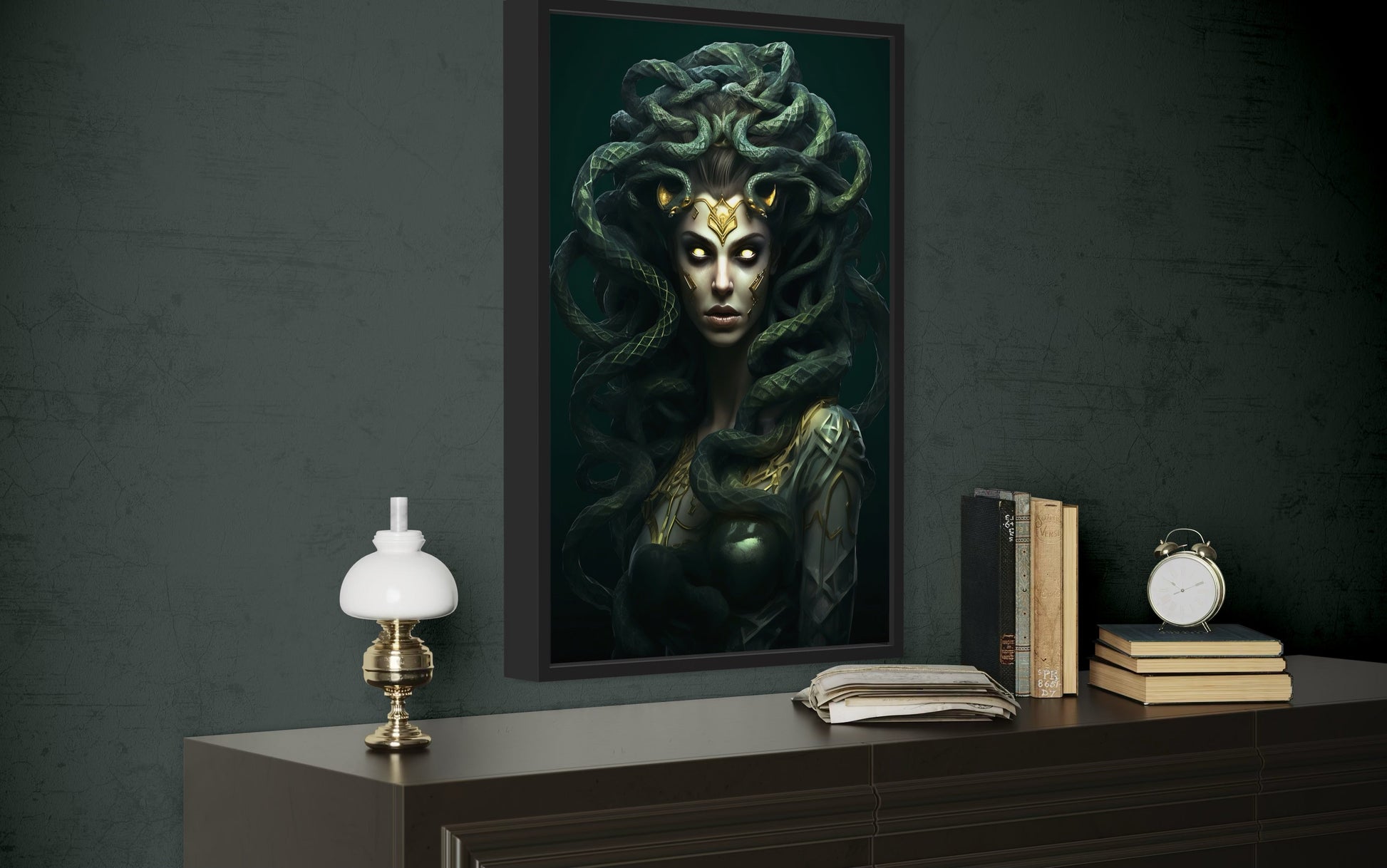 Green Medusa Gorgon Greek Mythology Framed Canvas Wall Art