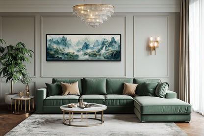 Green Shan Shui Long Narrow Landscape Canvas Wall Art