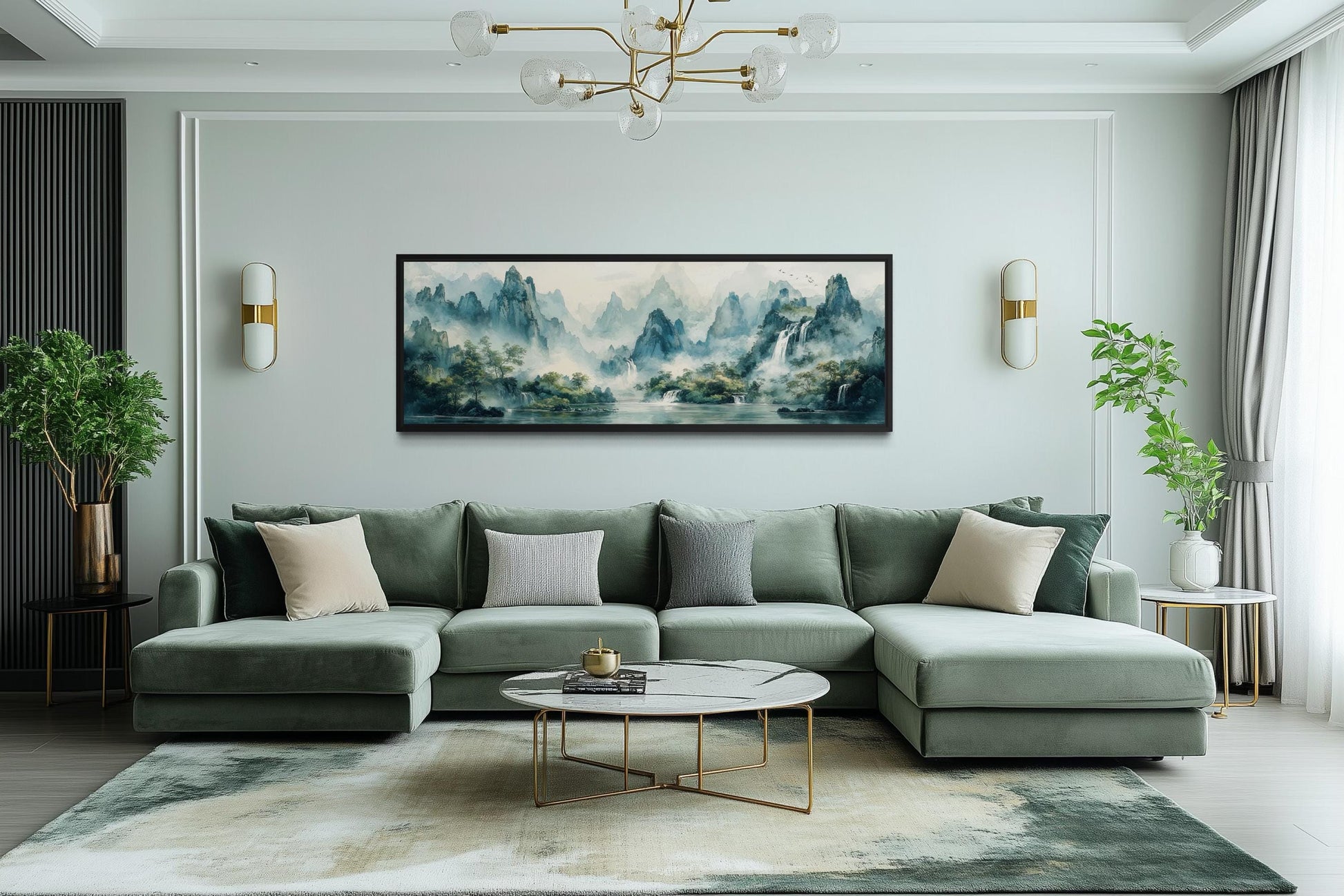 Green Shan Shui Long Narrow Landscape Canvas Wall Art