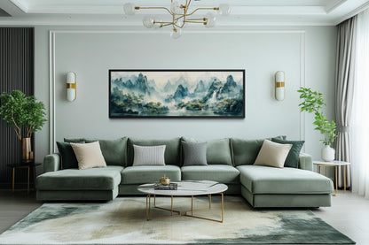 Green Shan Shui Long Narrow Landscape Canvas Wall Art