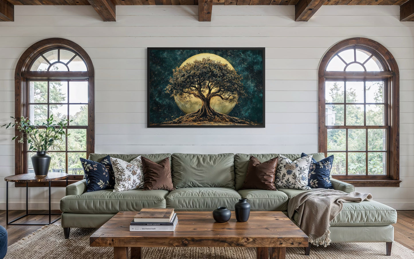 Green Tree Of Life At Night Under Big Moon Framed Canvas Wall Art
