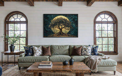 Green Tree Of Life At Night Under Big Moon Framed Canvas Wall Art