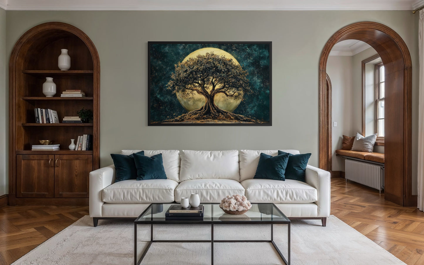 Green Tree Of Life At Night Under Big Moon Framed Canvas Wall Art