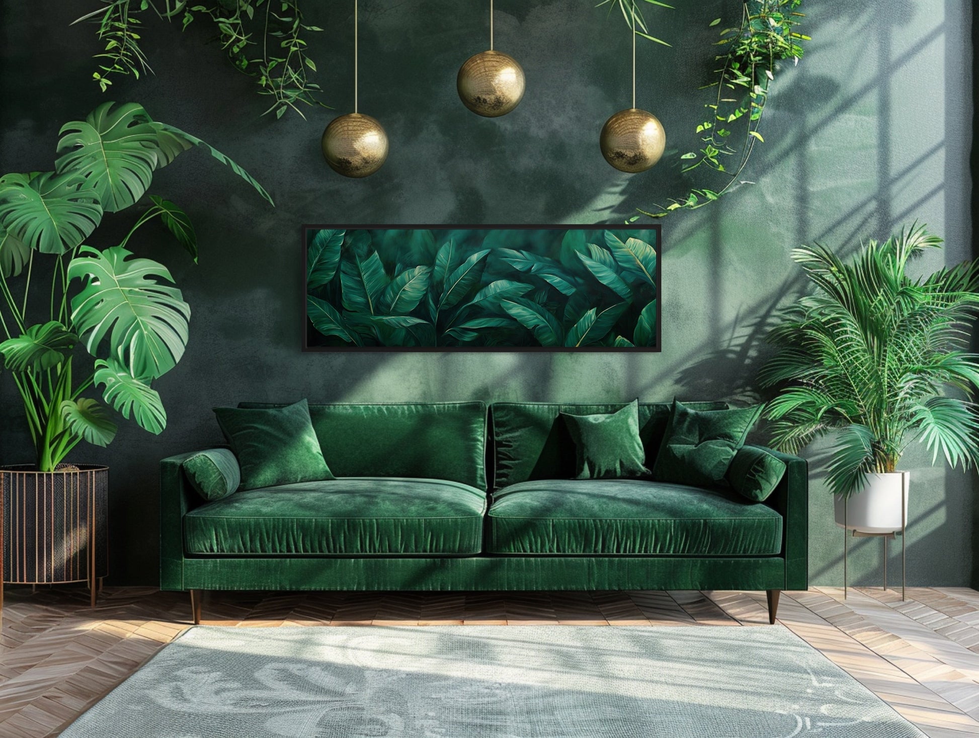 Green Tropical Leaves Long Narrow Horizontal Framed Canvas Wall Art