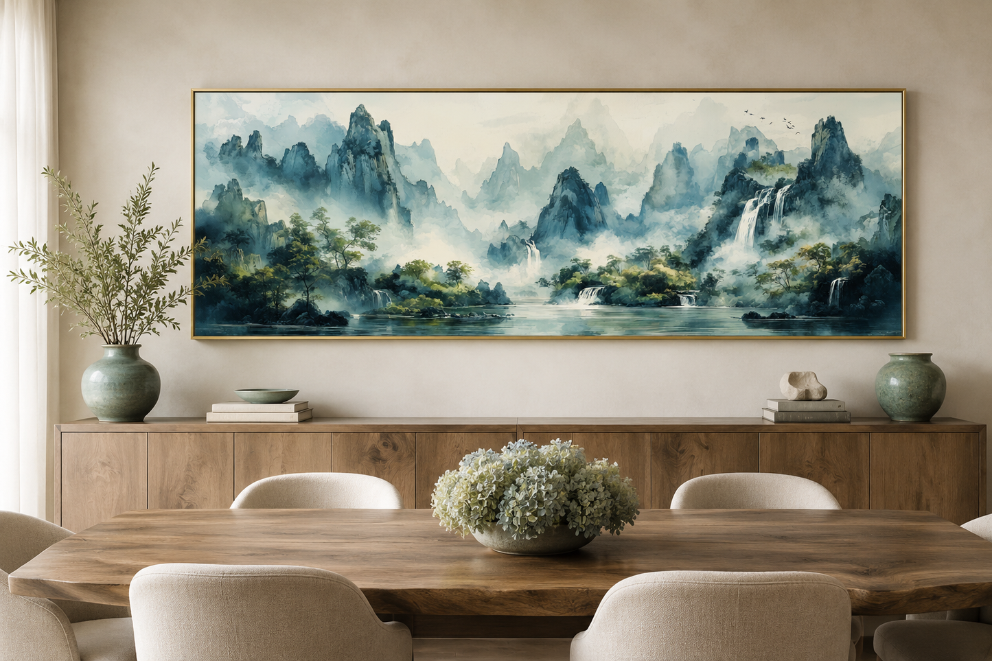 Green Shan Shui Long Narrow Landscape Canvas Wall Art