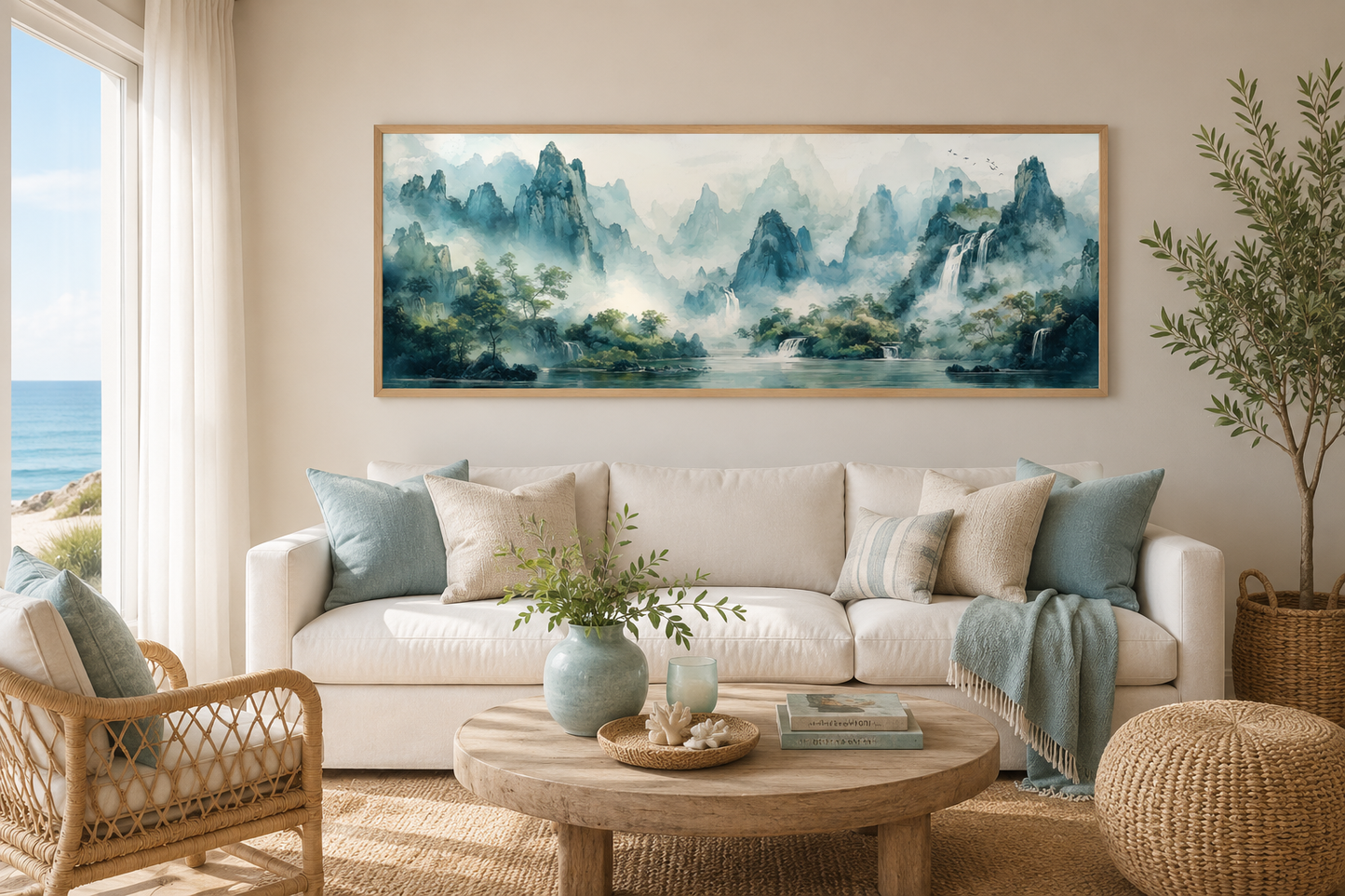 Green Shan Shui Long Narrow Landscape Canvas Wall Art
