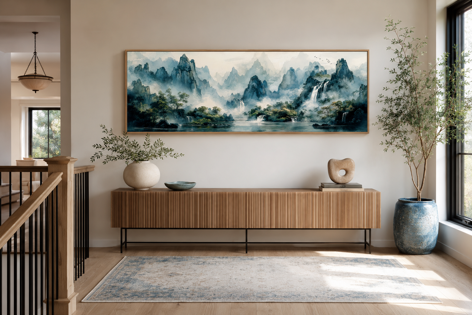 Green Shan Shui Long Narrow Landscape Canvas Wall Art