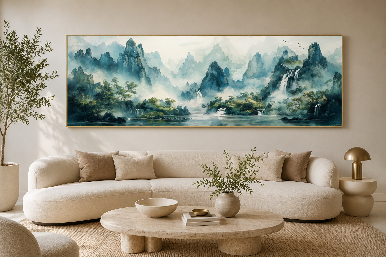 Green Shan Shui Long Narrow Landscape Canvas Wall Art