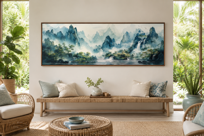 Green Shan Shui Long Narrow Landscape Canvas Wall Art