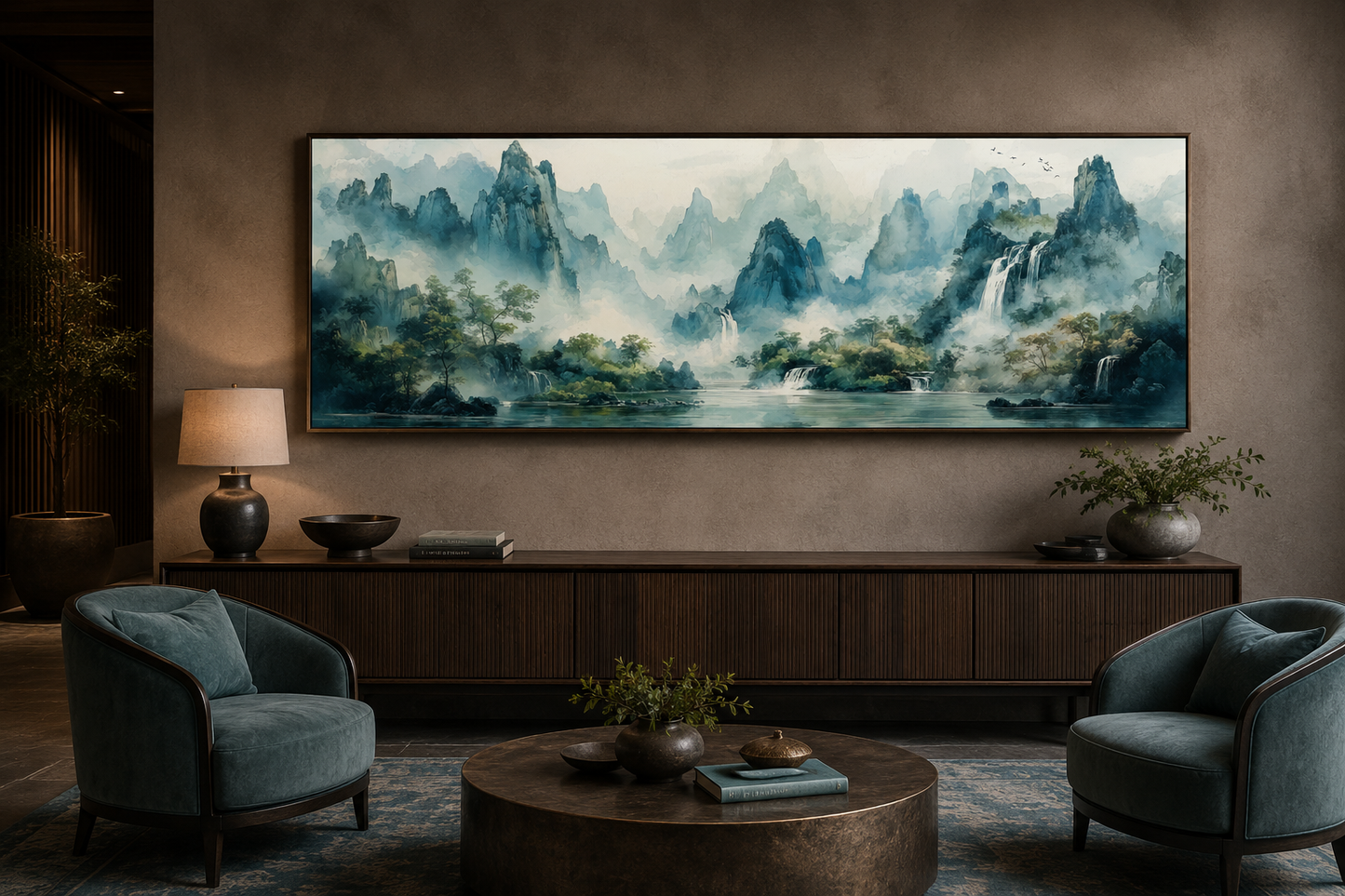 Green Shan Shui Long Narrow Landscape Canvas Wall Art