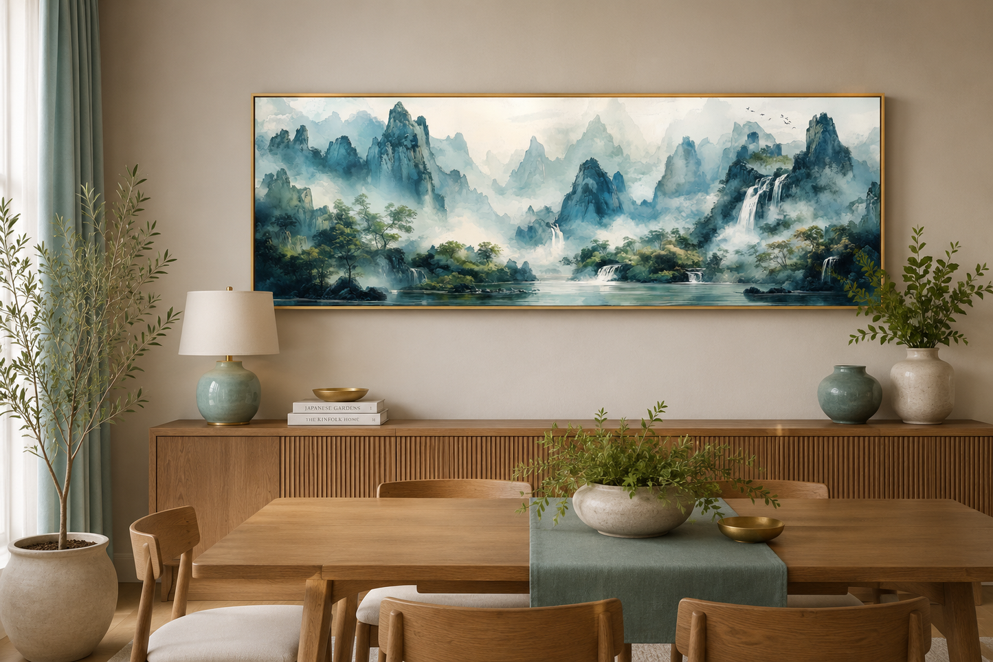 Green Shan Shui Long Narrow Landscape Canvas Wall Art