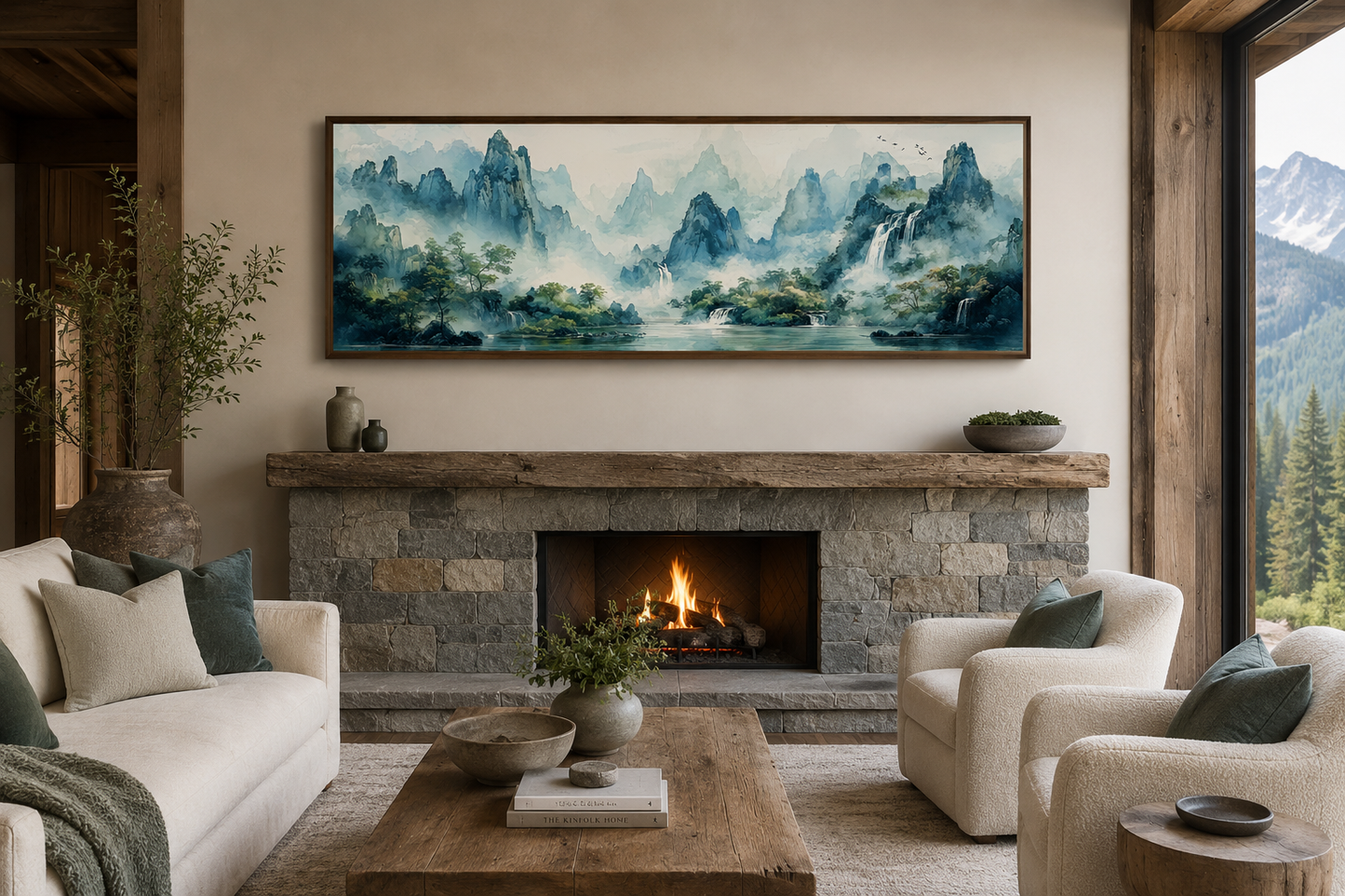Green Shan Shui Long Narrow Landscape Canvas Wall Art