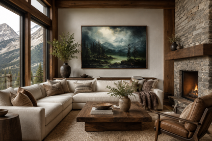 Moody Lake And Mountains Green Vintage Framed Canvas Wall Art