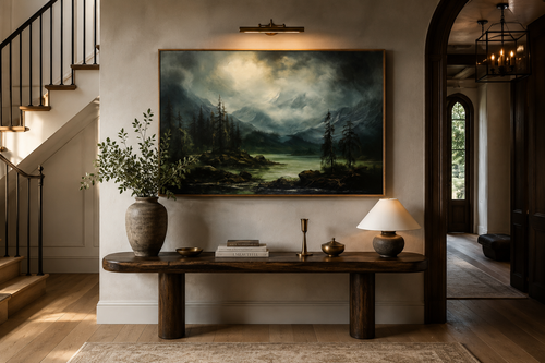 Moody Lake And Mountains Green Vintage Framed Canvas Wall Art