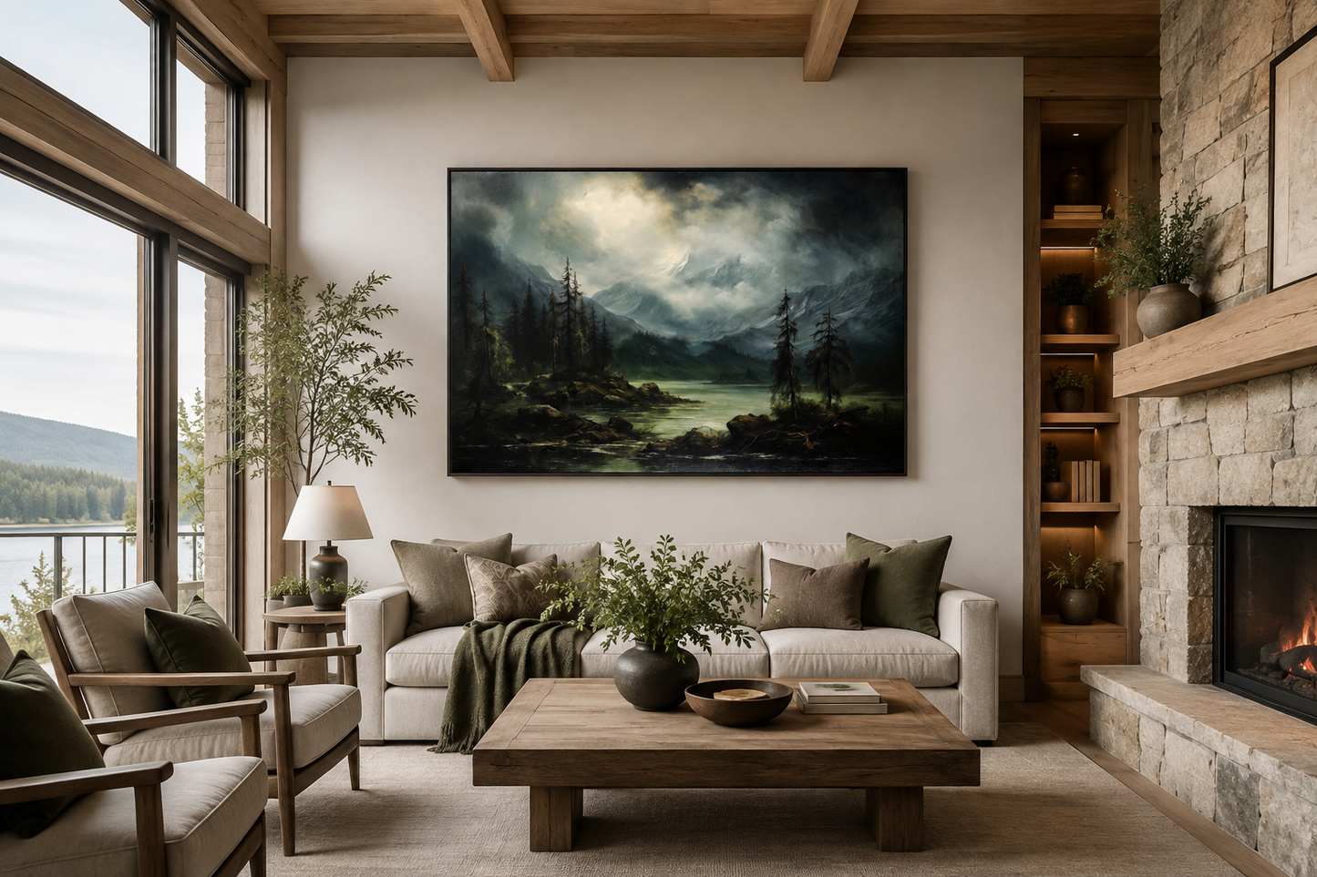 Moody Lake And Mountains Green Vintage Framed Canvas Wall Art