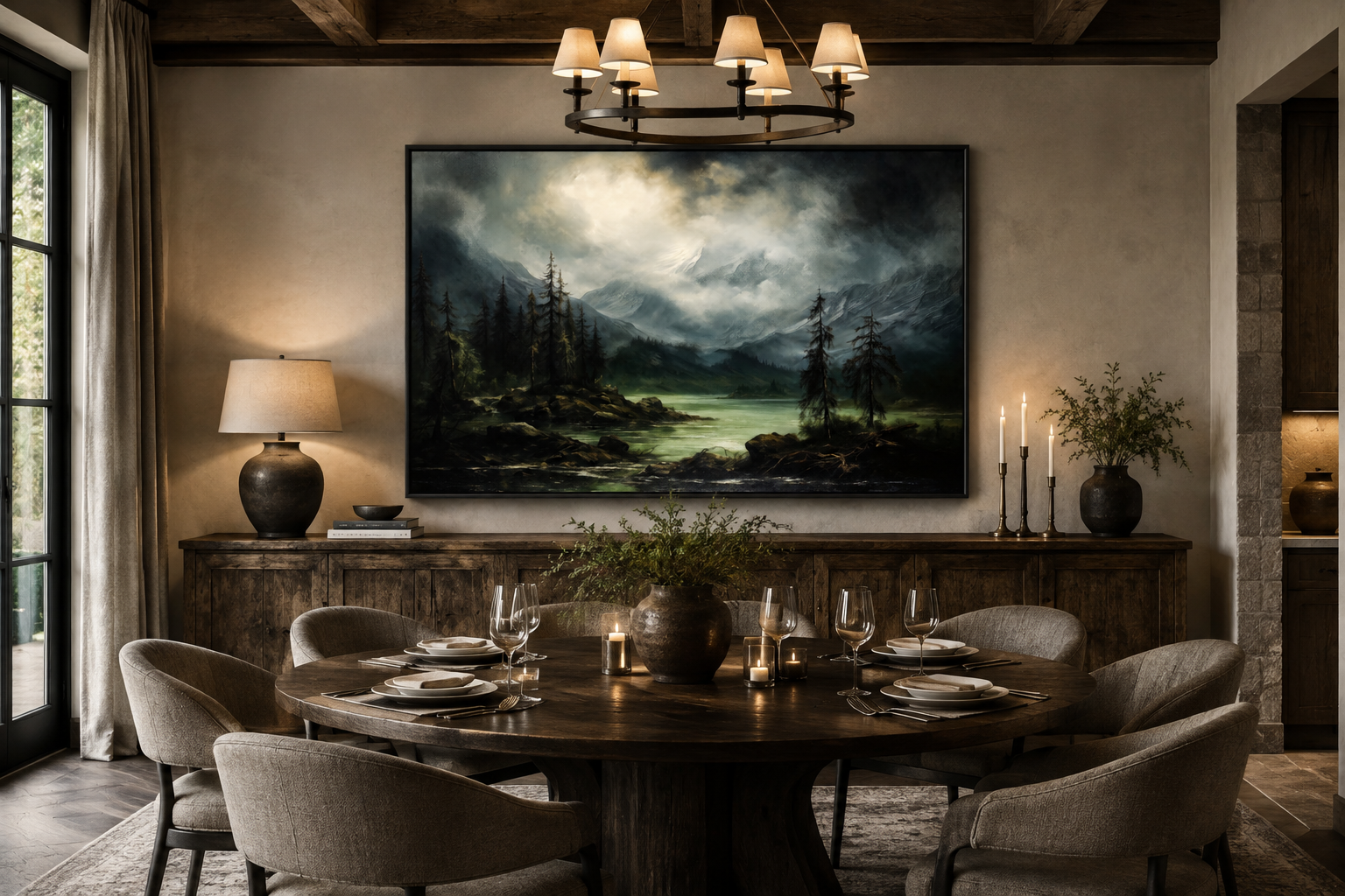 Moody Lake And Mountains Green Vintage Framed Canvas Wall Art