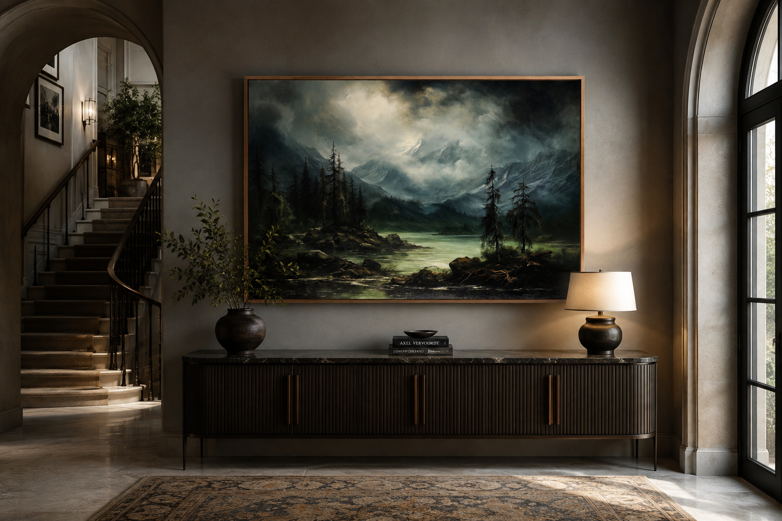 Moody Lake And Mountains Green Vintage Framed Canvas Wall Art