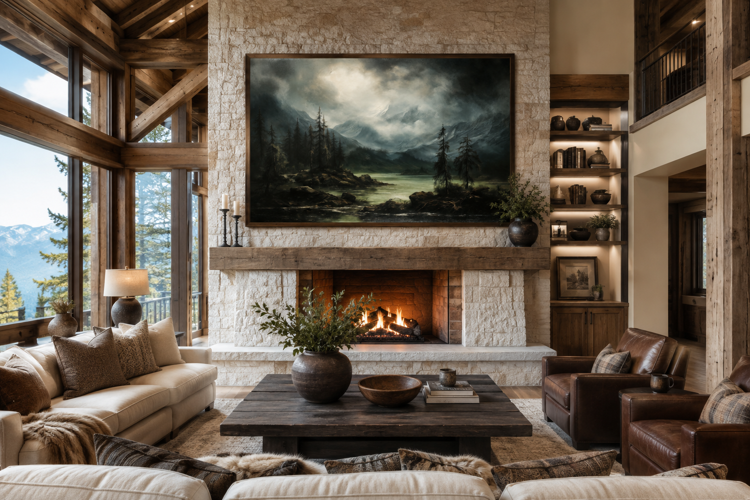 Moody Lake And Mountains Green Vintage Framed Canvas Wall Art