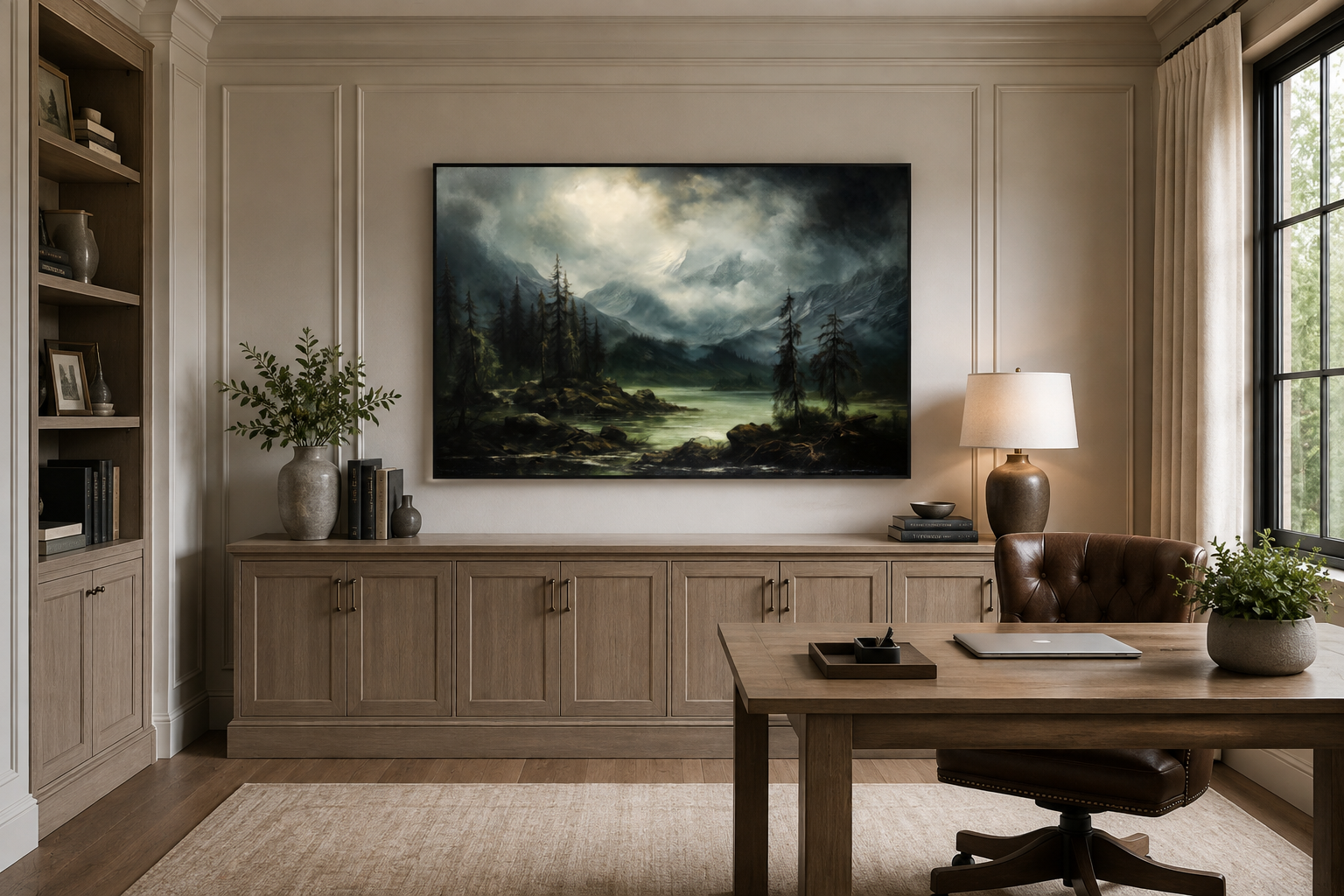 Moody Lake And Mountains Green Vintage Framed Canvas Wall Art