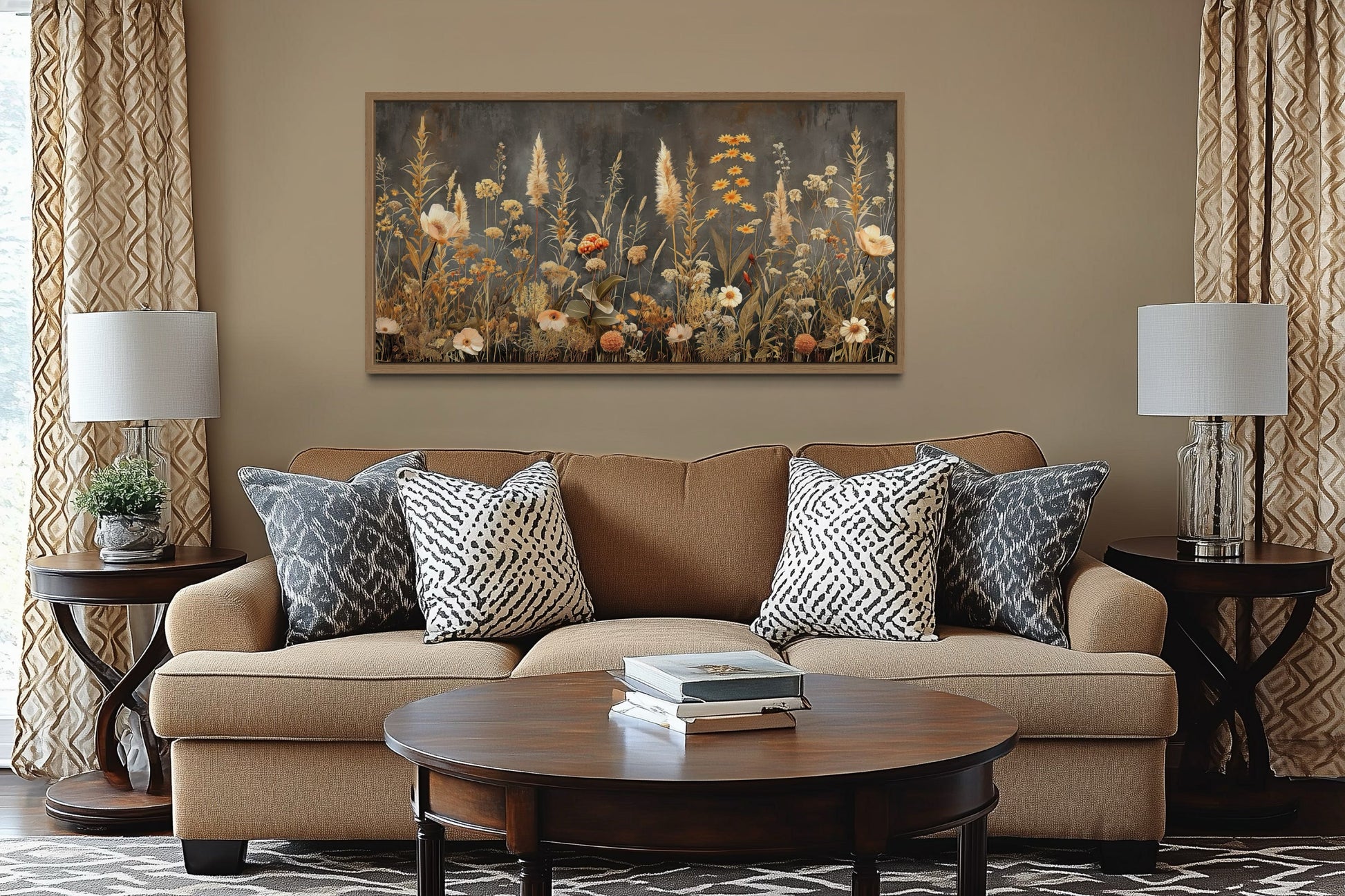 Grey Beige Grey Boho Wildflowers Field Framed Canvas Wall Art