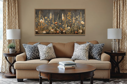 Grey Beige Grey Boho Wildflowers Field Framed Canvas Wall Art