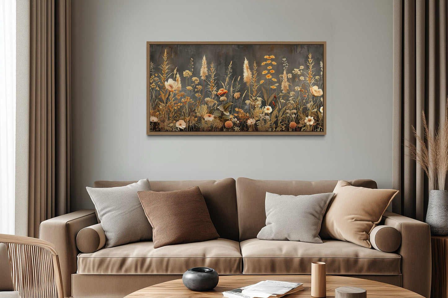 Grey Beige Grey Boho Wildflowers Field Framed Canvas Wall Art
