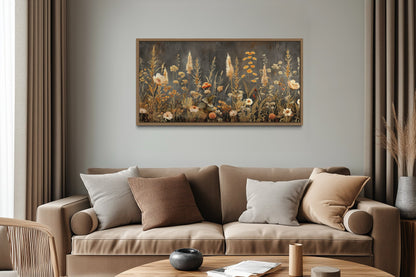 Grey Beige Grey Boho Wildflowers Field Framed Canvas Wall Art