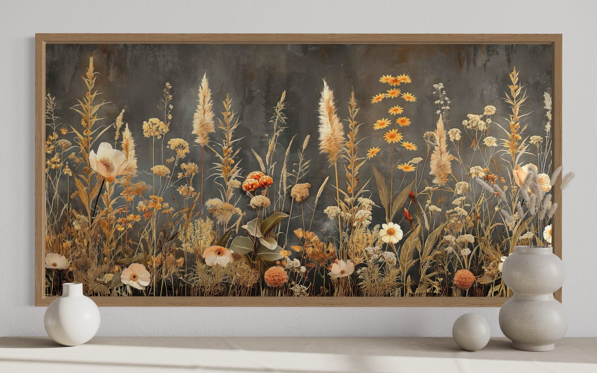 Grey Beige Grey Boho Wildflowers Field Framed Canvas Wall Art