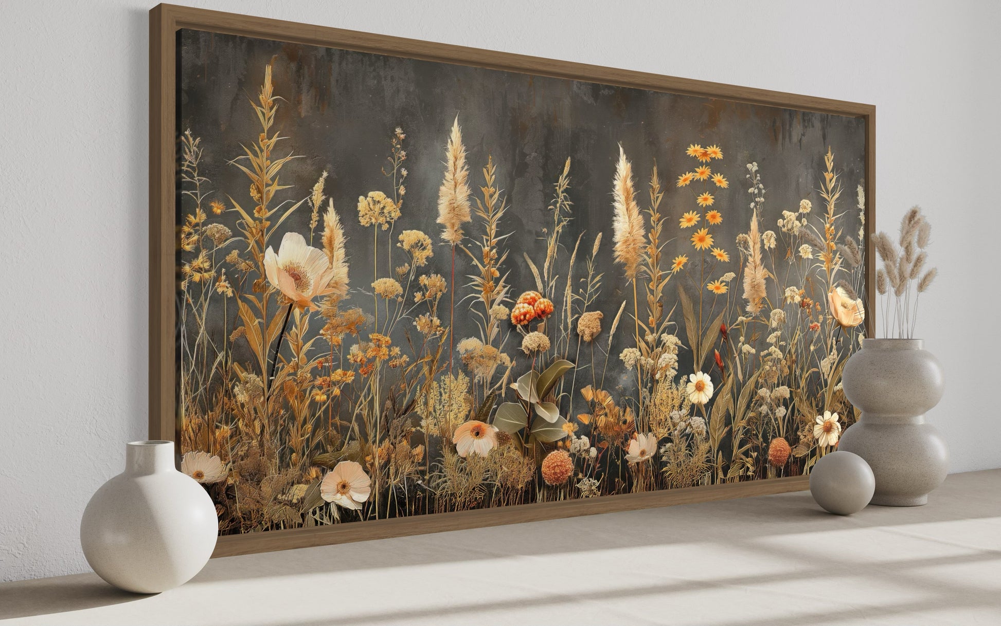 Grey Beige Grey Boho Wildflowers Field Framed Canvas Wall Art