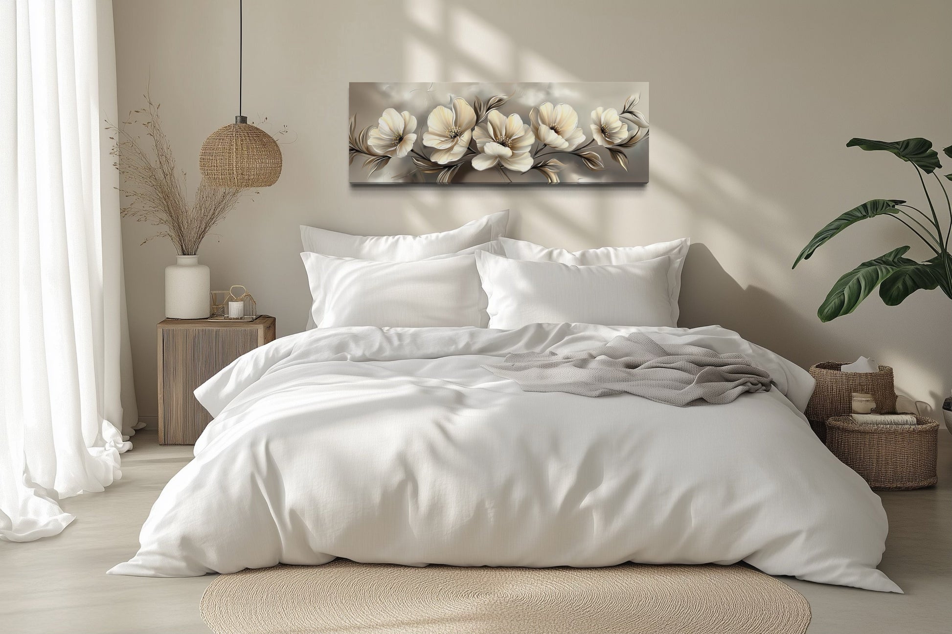Grey Beige Ivory Large Abstract Flowers Long Horizontal Wall Art