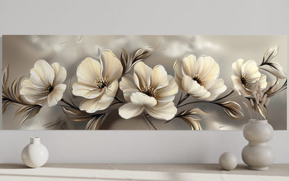 Grey Beige Ivory Large Abstract Flowers Long Horizontal Wall Art