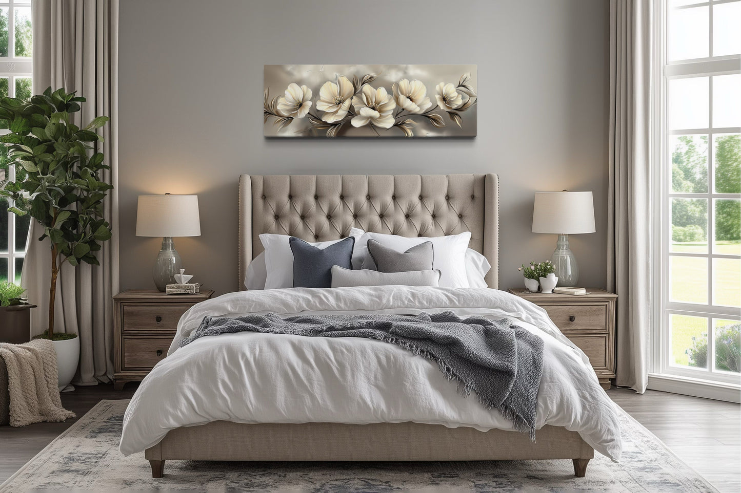 Grey Beige Ivory Large Abstract Flowers Long Horizontal Wall Art