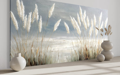 Grey Boho Beach Grass Coastal Framed Canvas Wall Art