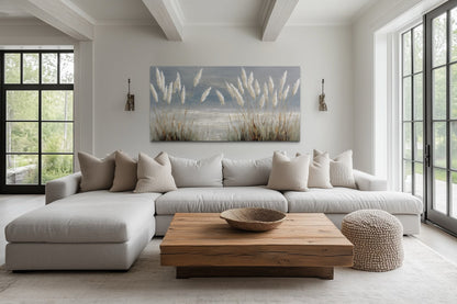 Grey Boho Beach Grass Coastal Framed Canvas Wall Art
