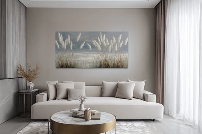 Grey Boho Beach Grass Coastal Framed Canvas Wall Art