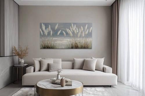 Grey Boho Beach Grass Coastal Framed Canvas Wall Art