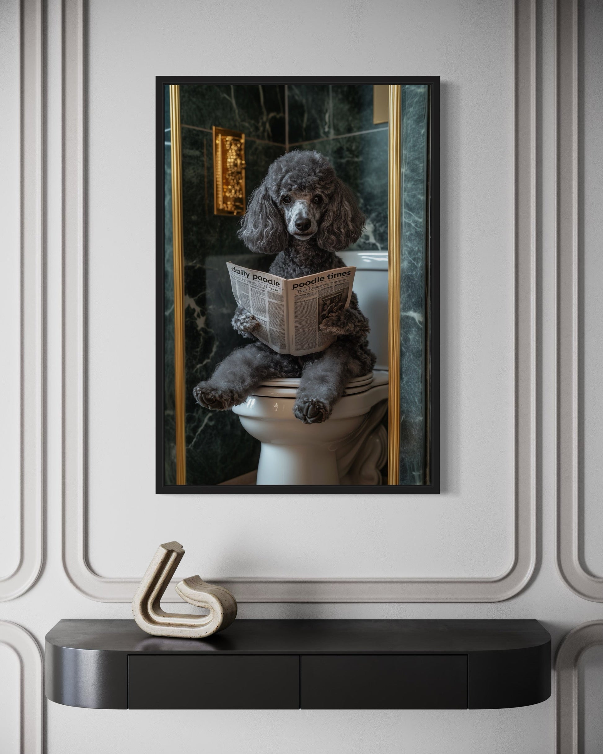 Grey Medium Poodle On Toilet Reading Newspaper Picture Canvas Wall Art