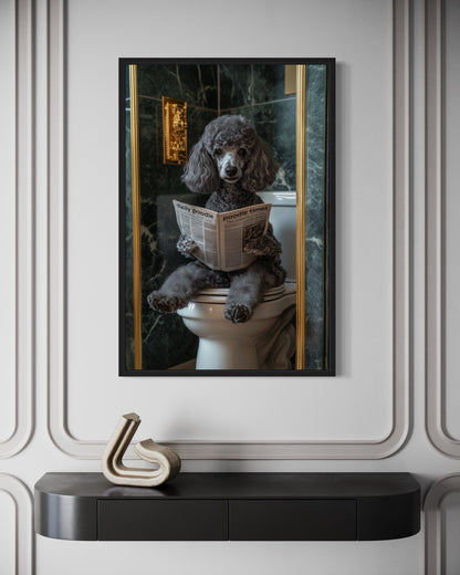 Grey Medium Poodle On Toilet Reading Newspaper Picture Canvas Wall Art