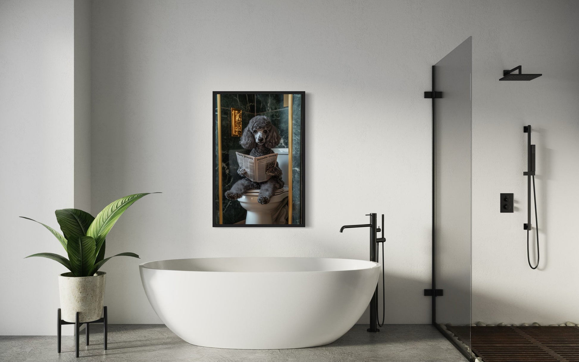 Grey Medium Poodle On Toilet Reading Newspaper Picture Canvas Wall Art