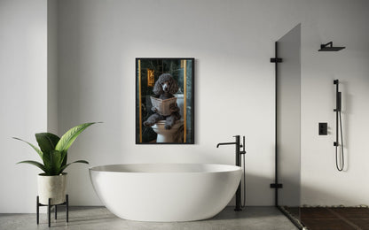 Grey Medium Poodle On Toilet Reading Newspaper Picture Canvas Wall Art