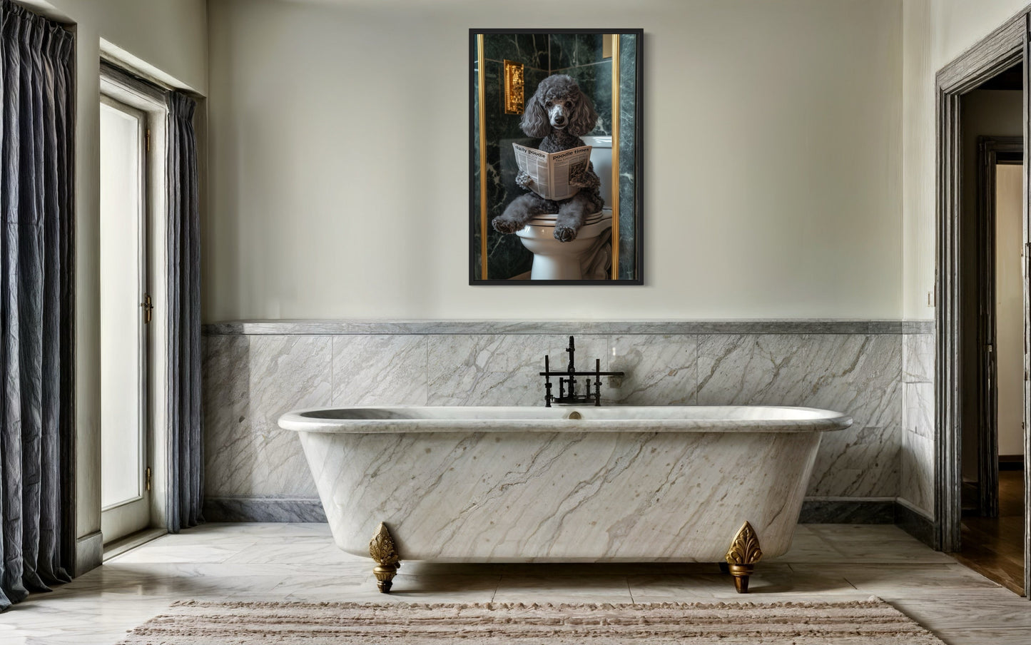 Grey Medium Poodle On Toilet Reading Newspaper Picture Canvas Wall Art