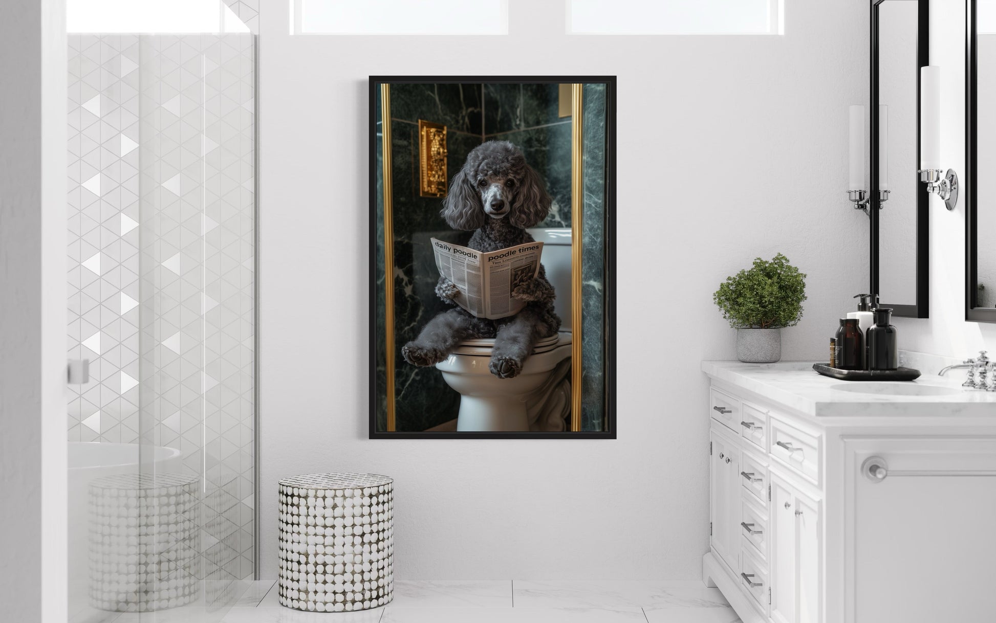 Grey Medium Poodle On Toilet Reading Newspaper Picture Canvas Wall Art