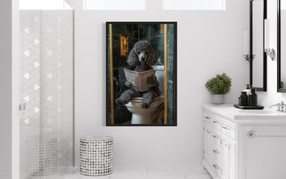 Grey Medium Poodle On Toilet Reading Newspaper Picture Canvas Wall Art