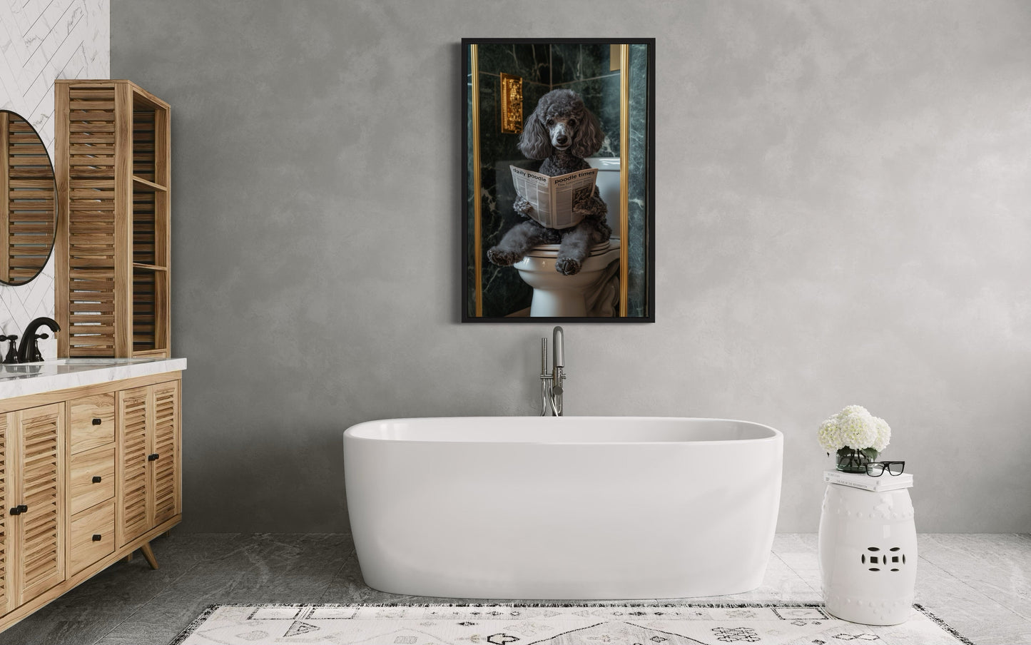 Grey Medium Poodle On Toilet Reading Newspaper Picture Canvas Wall Art