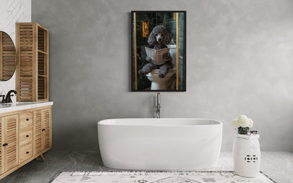 Grey Medium Poodle On Toilet Reading Newspaper Picture Canvas Wall Art